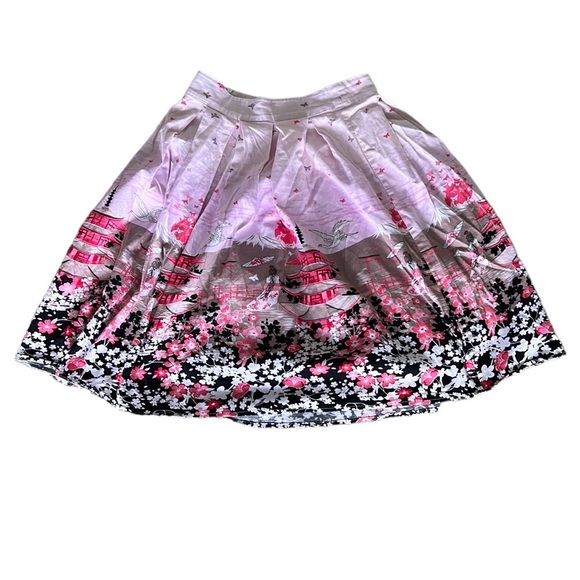 Pink Chinoiserie Pagoda Floral Blush Pink Pleated Flared Midi Skirt - XS - Picture 12 of 12